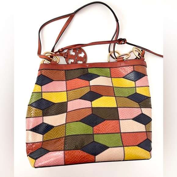 TORY BURCH || Farrah Leather Snakeskin Patchwork Multicolored Shoulder Bag - Picture 6 of 12